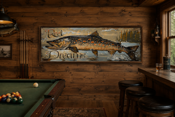 Reel Dreams Pike Fish framed canvas wall art in a rustic cabin setting above a pool table.