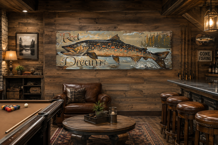 Reel Dreams Pike Fish fishing sign framed canvas wall art in a rustic cabin game room.