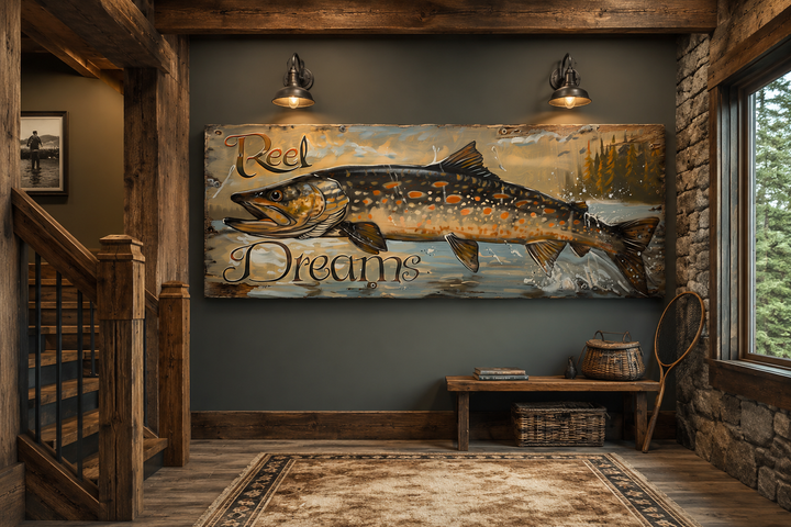 Rustic Reel Dreams Pike Fish framed canvas wall art in a cabin entryway with fishing decor.