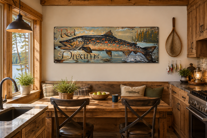 Reel Dreams Pike Fish framed canvas wall art in a rustic cabin kitchen with wooden furniture.