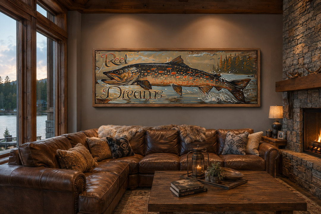 Reel Dreams Pike Fish framed canvas wall art in a rustic cabin living room above a leather sofa.