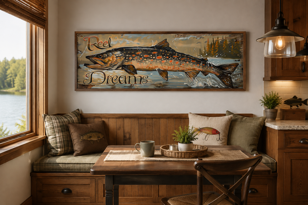 Reel Dreams Pike Fish framed canvas wall art in a rustic cabin dining nook with lakeside views.