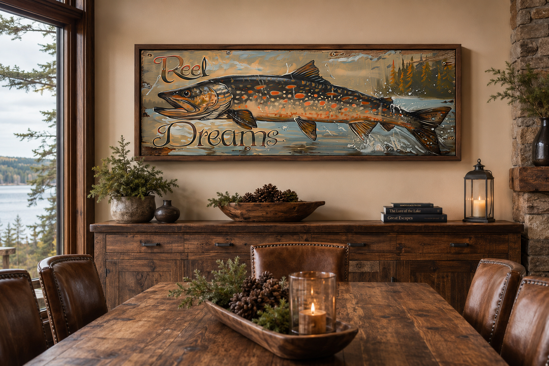 Framed canvas wall art of a pike fish with 'Reel Dreams' text in a rustic cabin dining room.