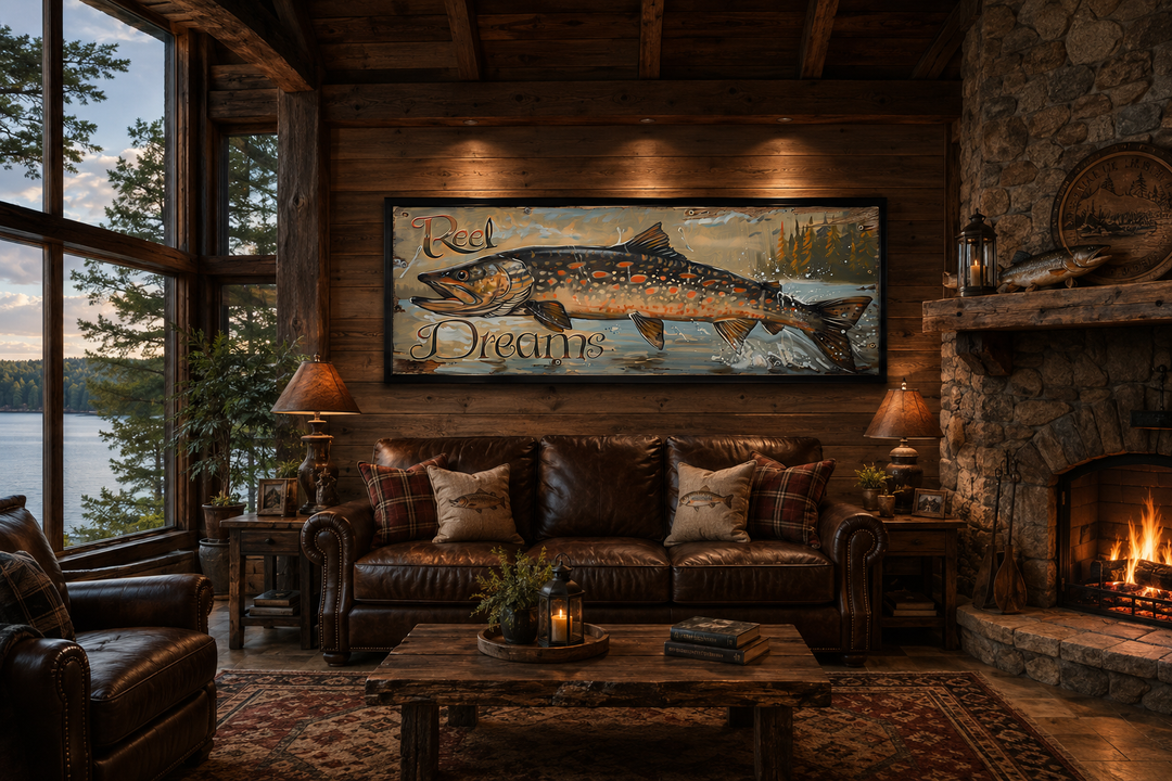 Reel Dreams Pike Fish framed canvas wall art in a rustic cabin living room above a leather sofa.