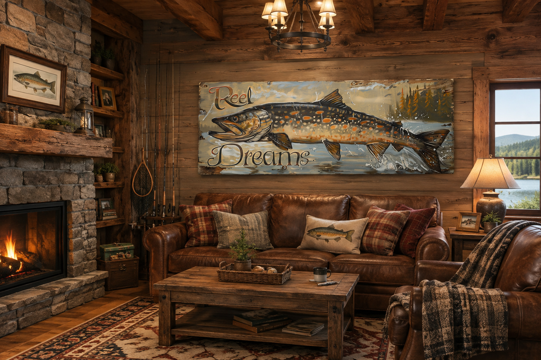Reel Dreams Pike Fish fishing sign framed canvas wall art in a rustic cabin living room.