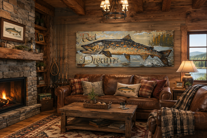 Reel Dreams Pike Fish fishing sign framed canvas wall art in a rustic cabin living room.
