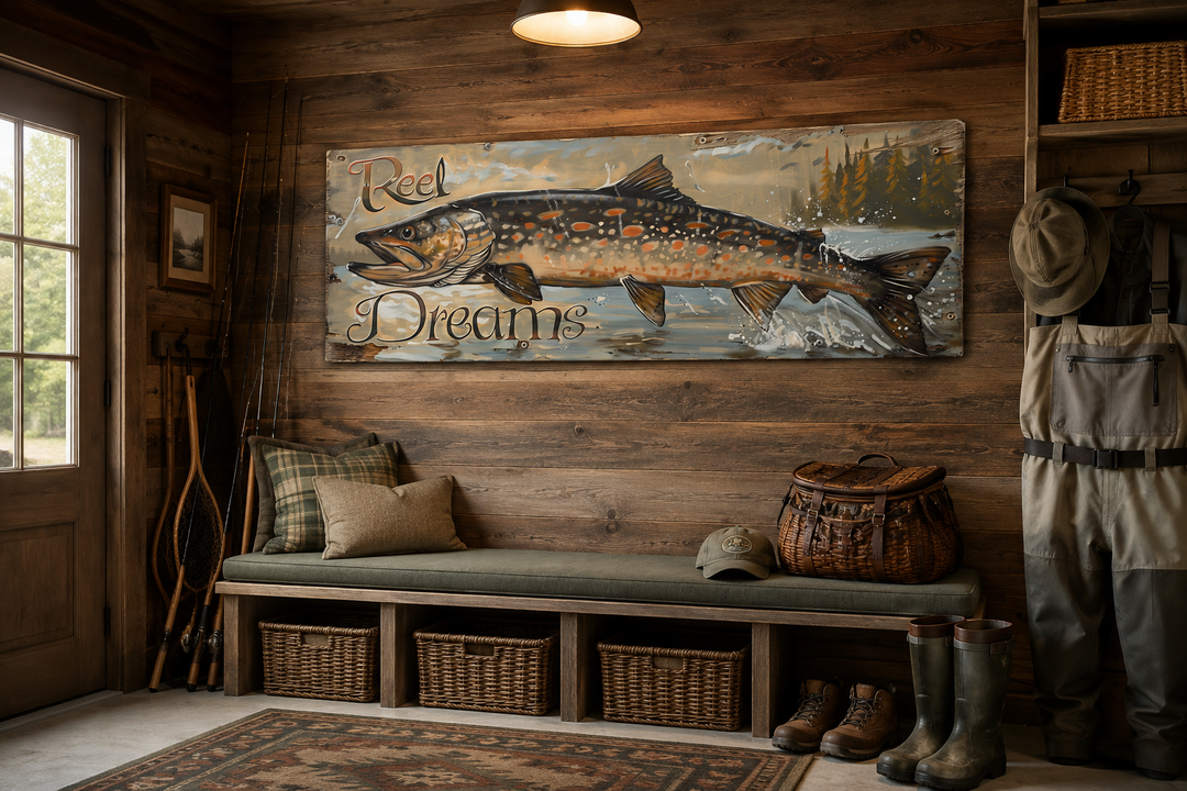 Reel Dreams Pike Fish framed canvas wall art in a rustic cabin mudroom setting.