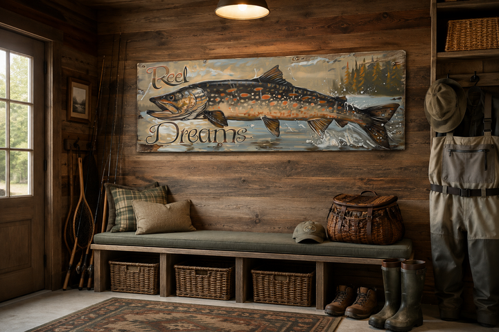 Reel Dreams Pike Fish framed canvas wall art in a rustic cabin mudroom setting.