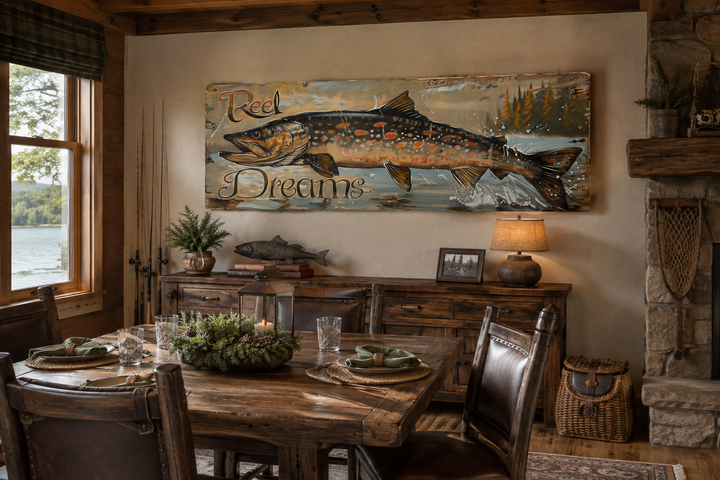 Reel Dreams Pike Fish framed canvas wall art in a rustic cabin dining room above a wooden sideboard.