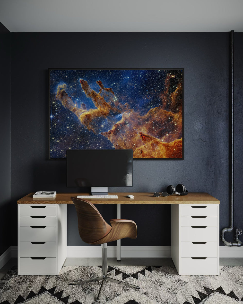 Pillars Of Creation Photography By James Webb Telescope Framed Canvas Wall Art behind a desk with a computer on top of it