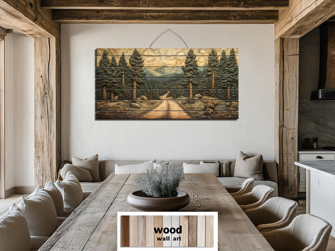 Rustic pine forest landscape printed on a horizontal wood plank wall art piece in a cabin setting.