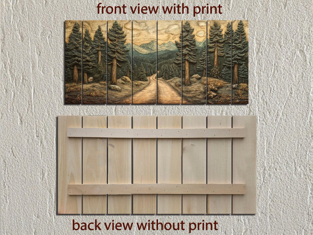 Rustic pine forest landscape printed on a multi-panel distressed wood wall art piece.