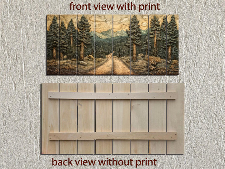 Rustic pine forest landscape printed on a multi-panel distressed wood wall art piece.