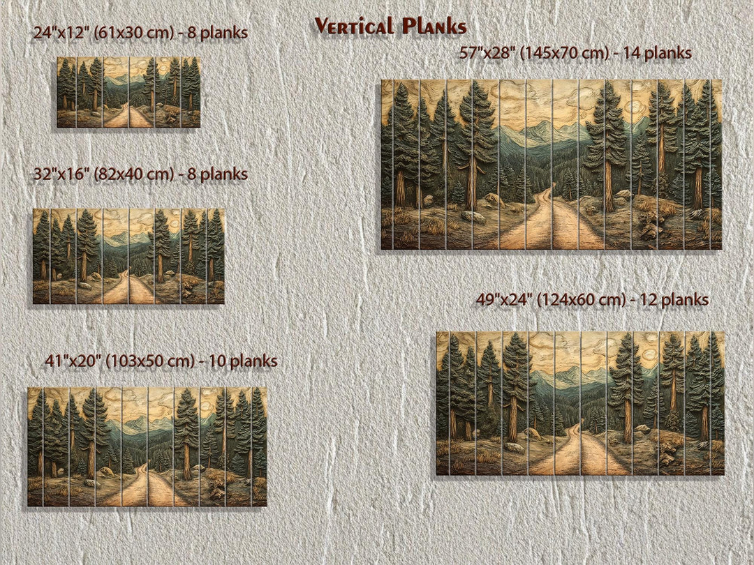 Rustic pine forest landscape printed on vertical wood planks in five different size options.