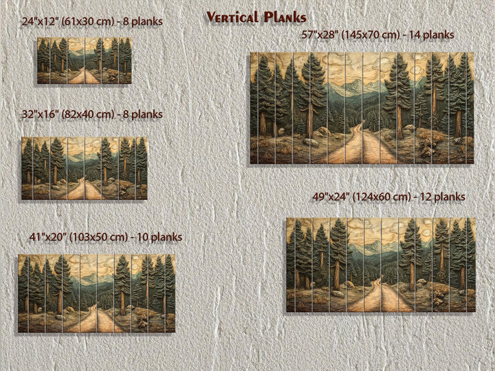 Rustic pine forest landscape printed on vertical wood planks in five different size options.