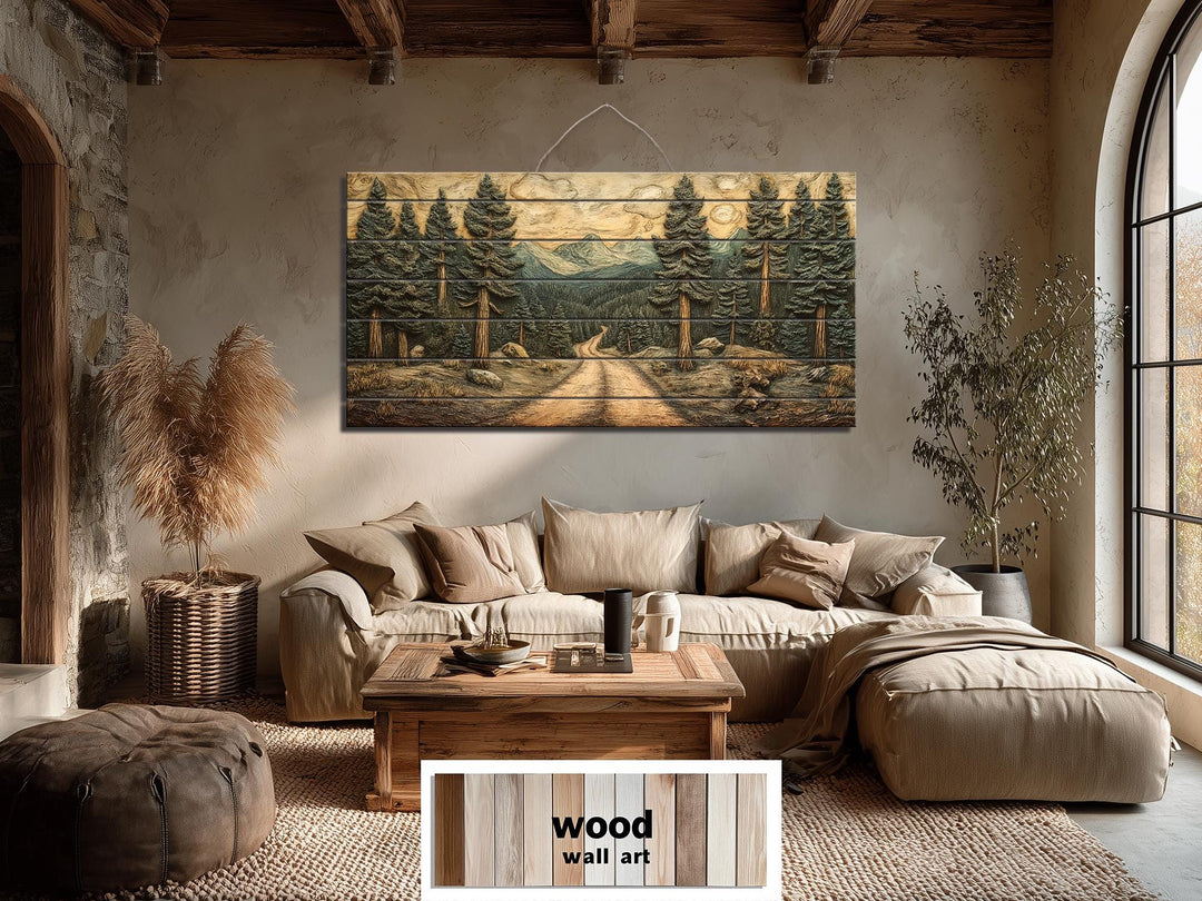 Pine forest landscape printed on a horizontal distressed wood wall art panel in a rustic living room.