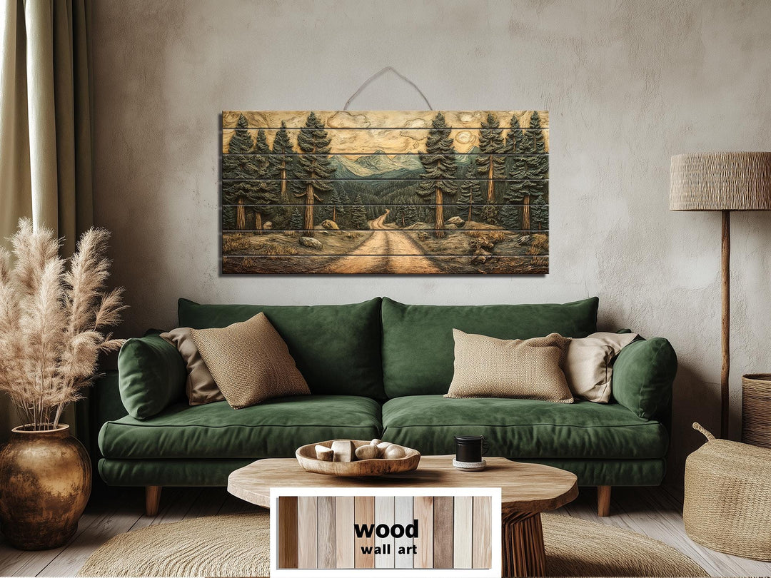 Rustic pine forest landscape printed on a horizontal wood plank wall art piece above a green sofa.