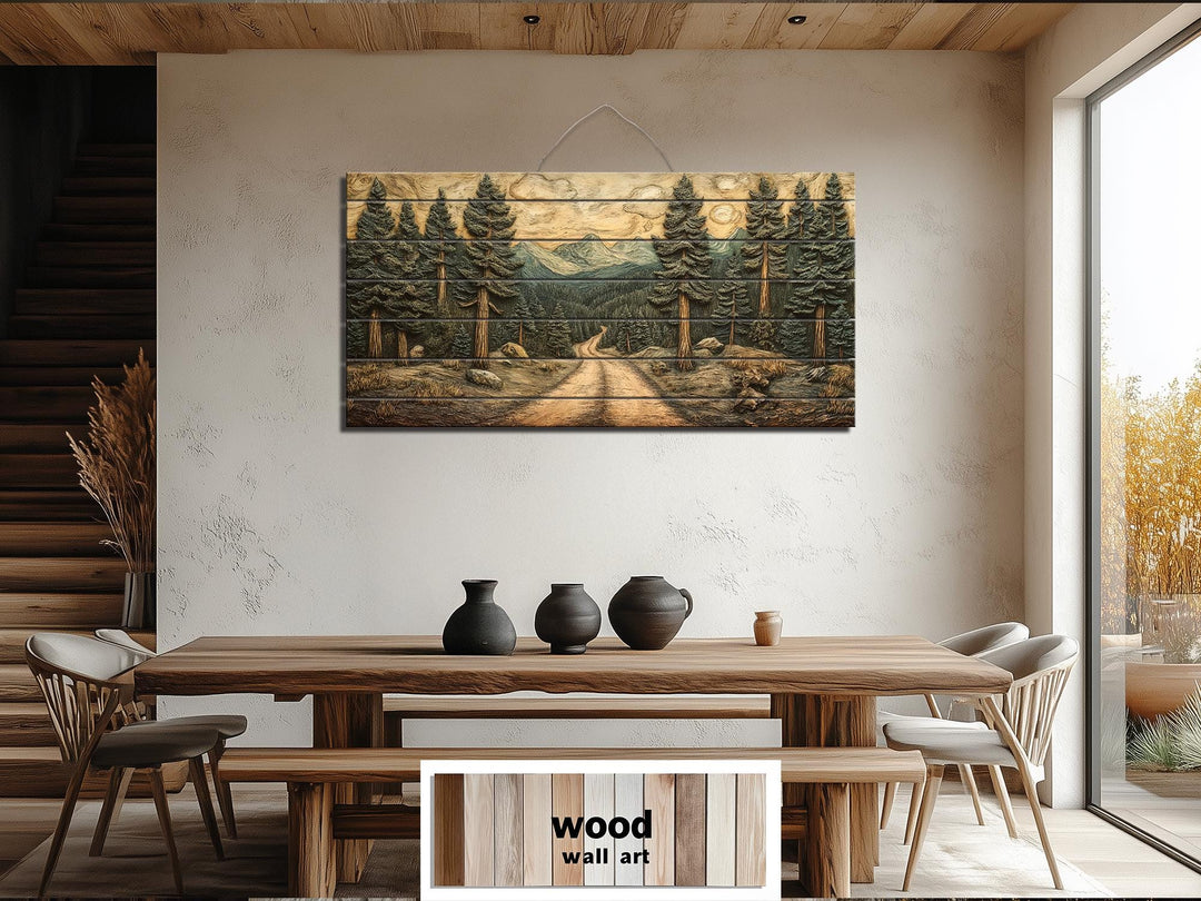 Rustic pine forest landscape printed on a horizontal wood plank wall art piece in a dining room.