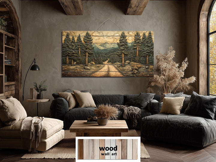 Pine forest landscape printed on a horizontal wood plank wall art piece in a rustic living room.