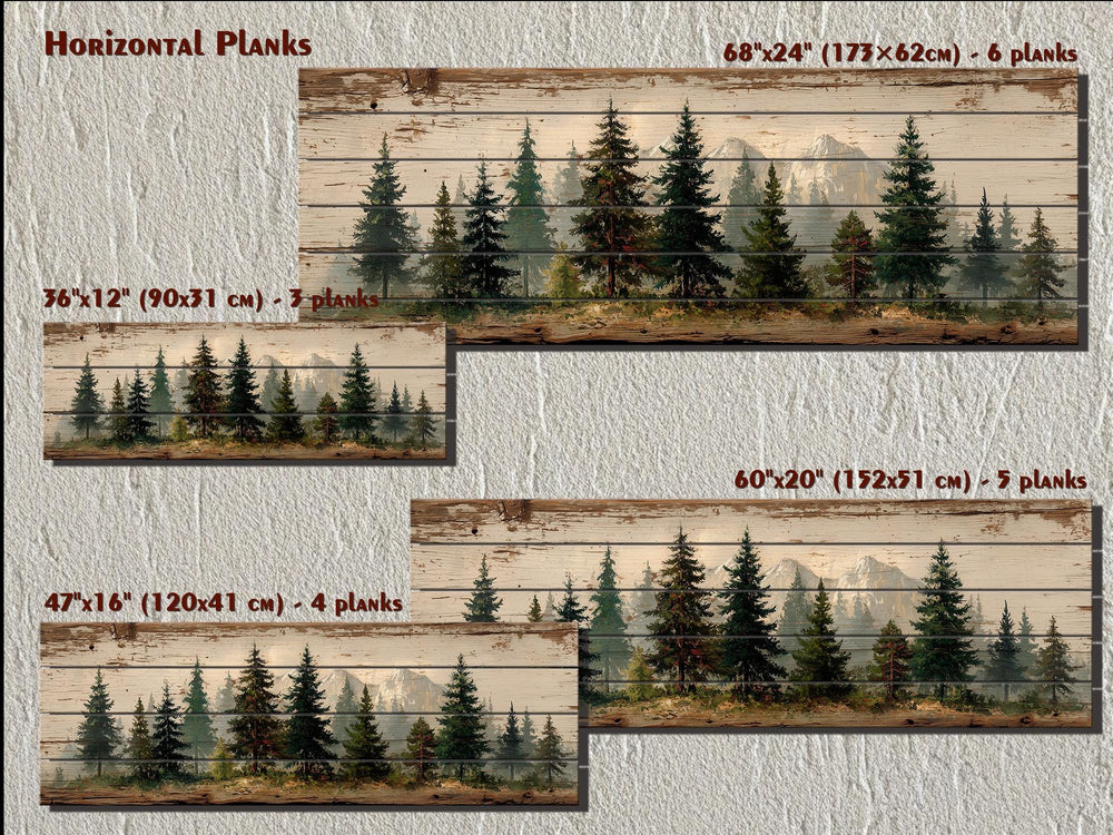 Rustic wood wall art featuring a pine forest mountain landscape in four horizontal plank sizes.