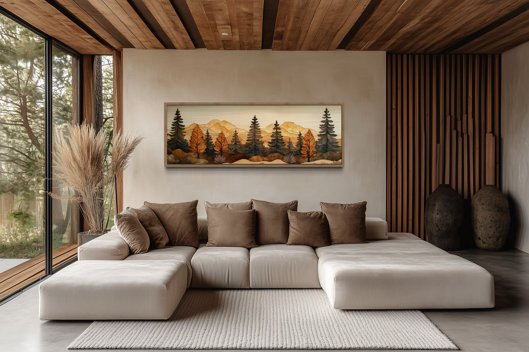 Long horizontal pine forest wood mosaic wall art hanging above a modern beige sectional sofa.