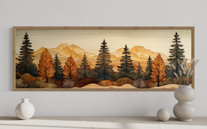 Long horizontal pine forest wood mosaic wall art featuring layered trees and golden mountains.