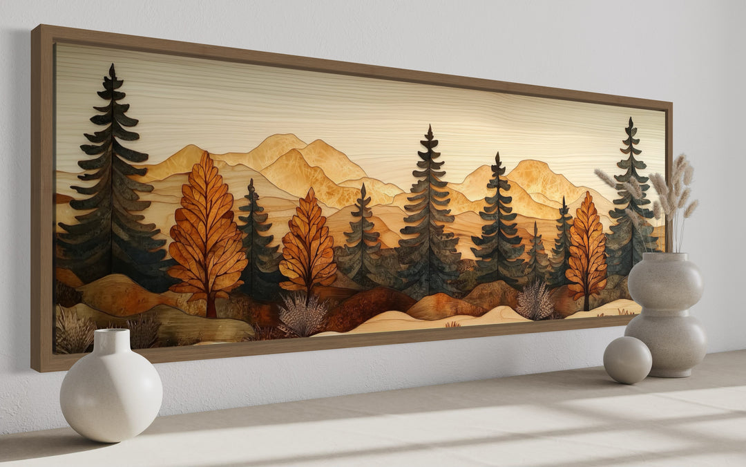 Long horizontal wood mosaic painting of a pine forest and mountains in earthy and golden tones.