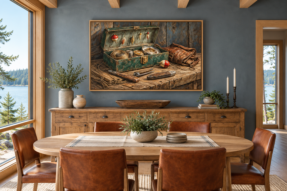 Vintage fishing tackle wall art on canvas above a wooden sideboard in a rustic dining room.