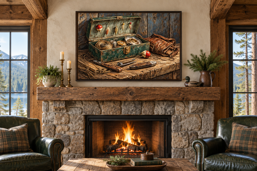 Vintage fishing tackle canvas art above a stone fireplace in a rustic cabin living room.