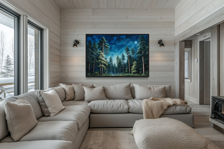 Rustic Cabin Wall Decor - Pine Tree Forest At Night Starry Sky Framed Canvas Wall Art