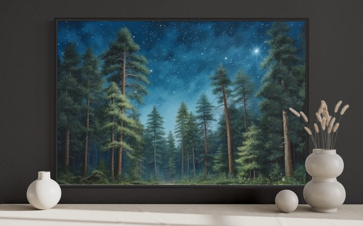 Pine Tree Forest At Night Starry Sky Framed Canvas Wall Art