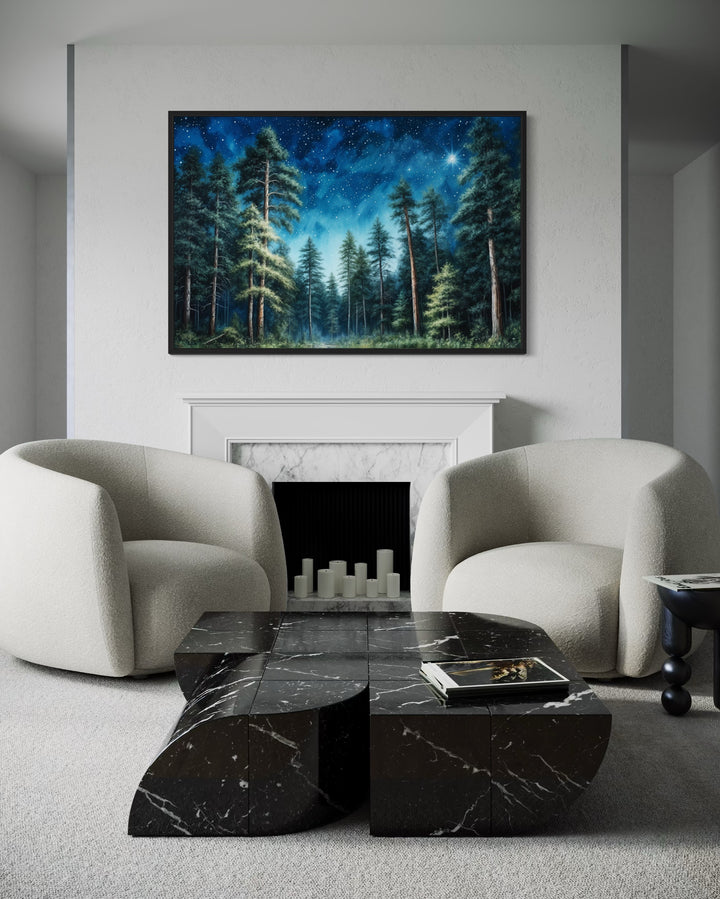 Pine Tree Forest At Night Starry Sky Framed Canvas Wall Art
