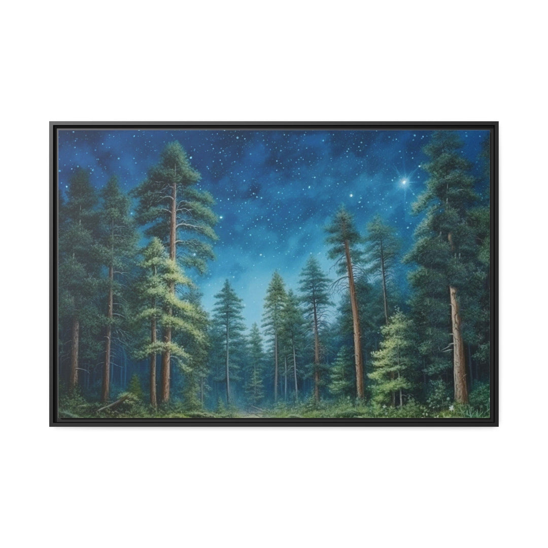 Pine Tree Forest At Night Starry Sky Framed Canvas Wall Art