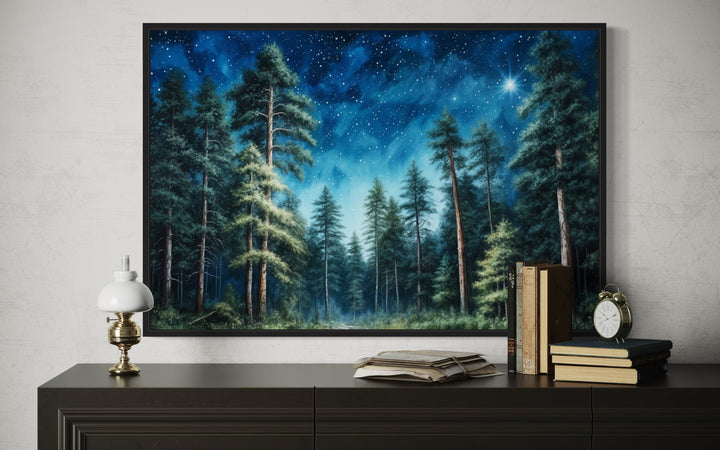 Rustic Cabin Wall Decor - Pine Tree Forest At Night Starry Sky Framed Canvas Wall Art