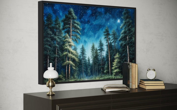 Pine Tree Forest At Night Starry Sky Framed Canvas Wall Art