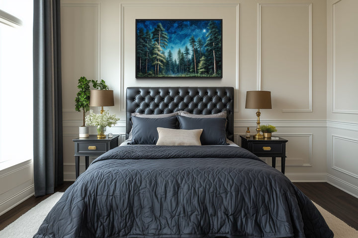 Pine Tree Forest At Night Starry Sky Framed Canvas Wall Art