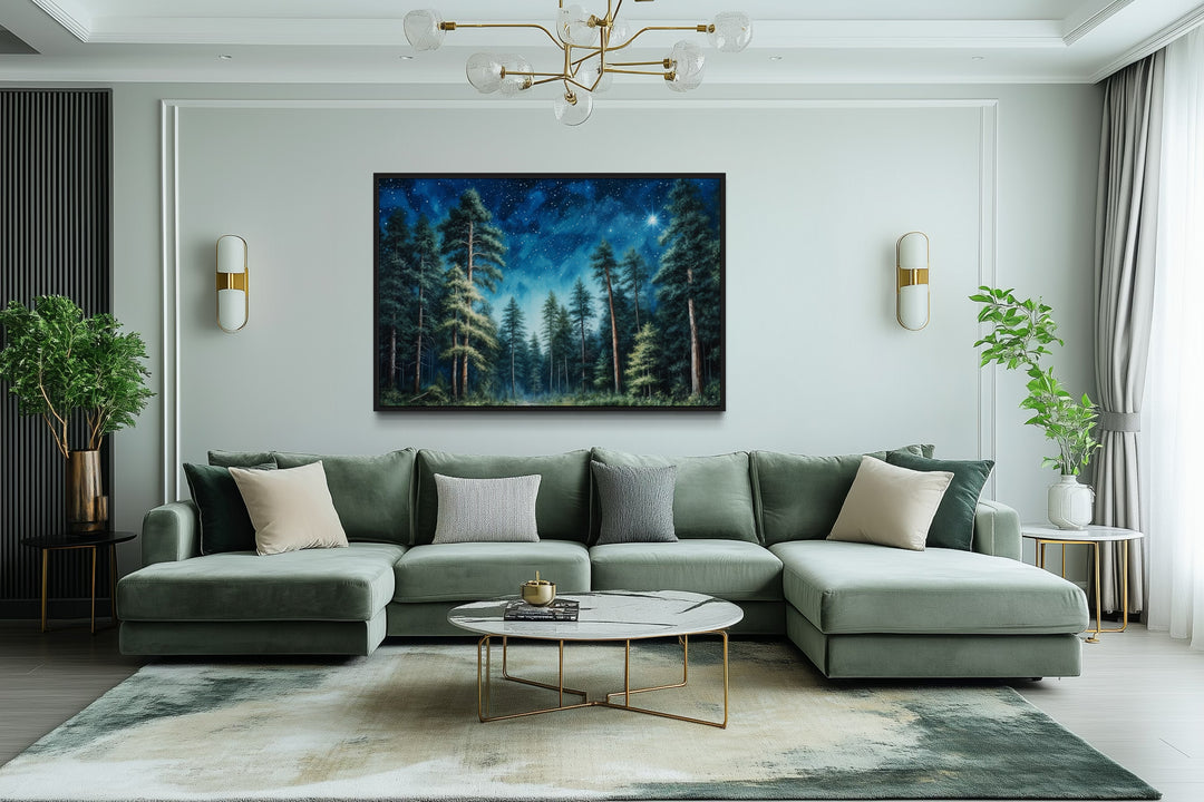 Pine Tree Forest At Night Starry Sky Framed Canvas Wall Art