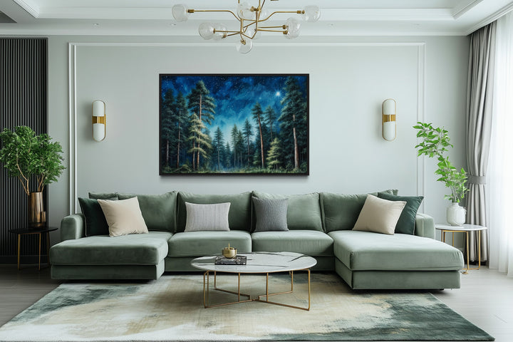 Pine Tree Forest At Night Starry Sky Framed Canvas Wall Art
