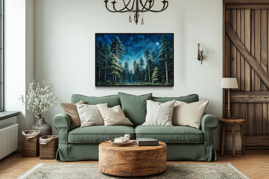 Pine Tree Forest At Night Starry Sky Framed Canvas Wall Art