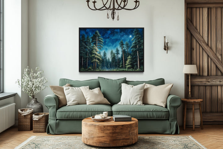Pine Tree Forest At Night Starry Sky Framed Canvas Wall Art