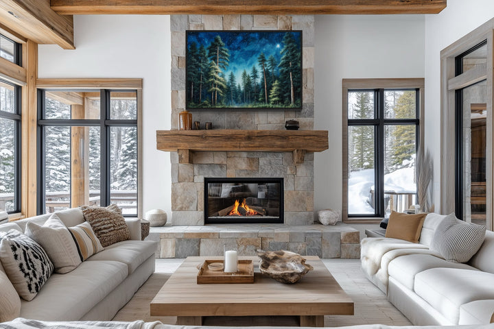 Pine Tree Forest At Night Starry Sky Framed Canvas Wall Art