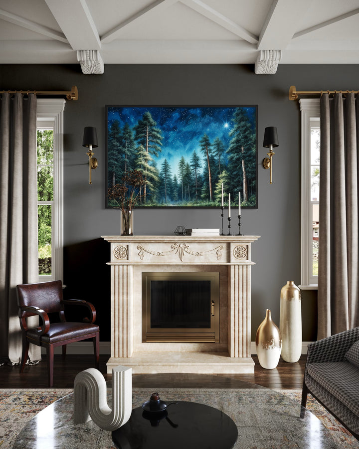 Pine Tree Forest At Night Starry Sky Framed Canvas Wall Art