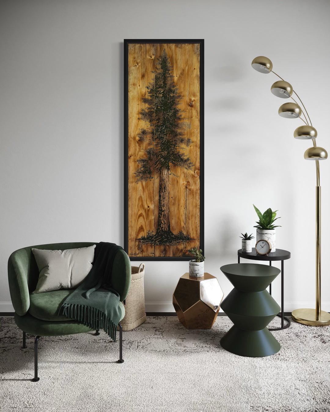 Pine Tree Painted On Wood Slice Cabin Vertical Framed Canvas Wall Art