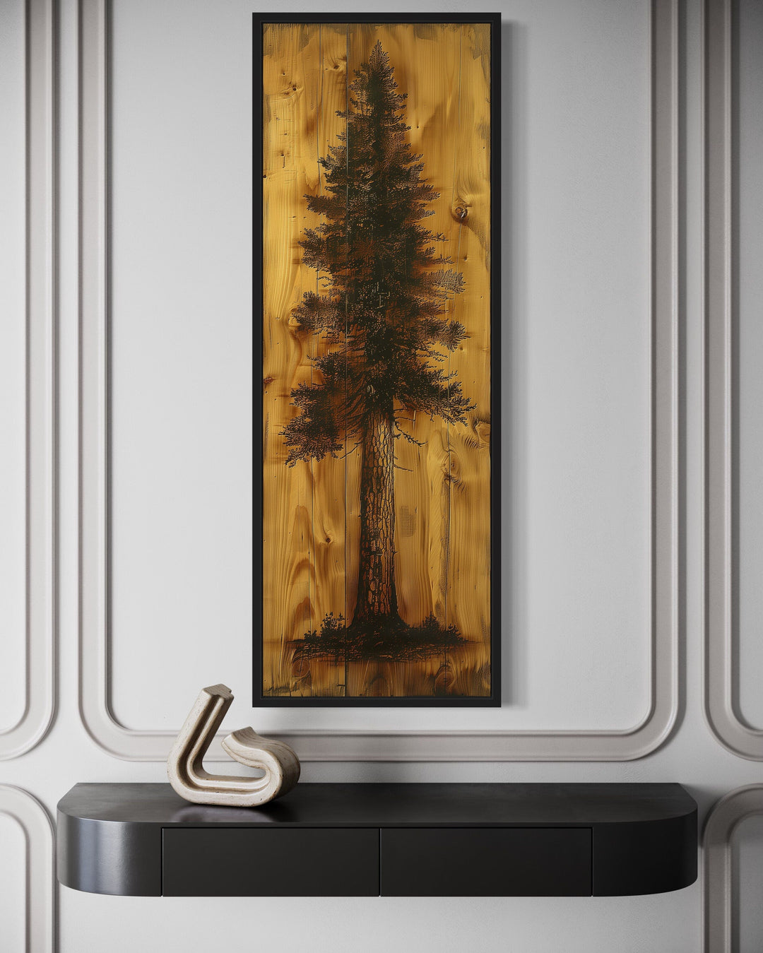 Pine Tree Painted On Wood Slice Cabin Vertical Framed Canvas Wall Art