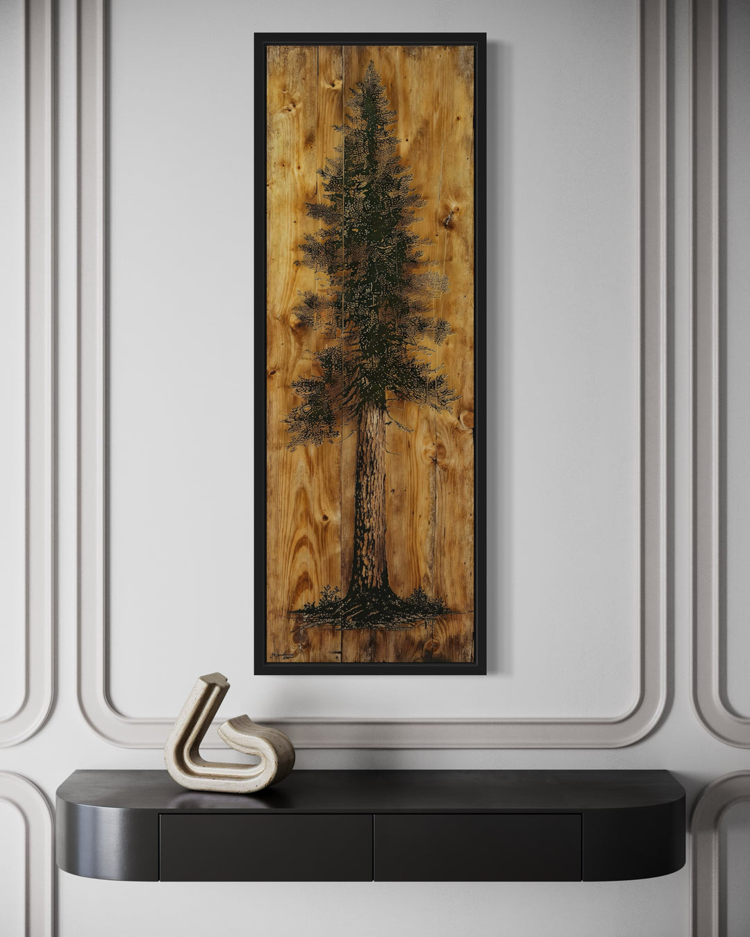 Pine Tree Painted On Wood Slice Cabin Vertical Framed Canvas Wall Art