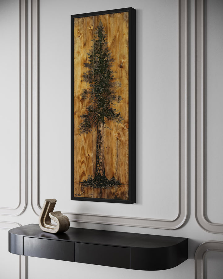 Pine Tree Painted On Wood Slice Cabin Vertical Framed Canvas Wall Art