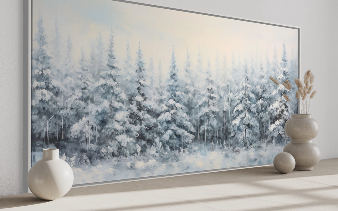 Pine Trees In Winter Snow Covered Forest Framed Canvas Wall Art