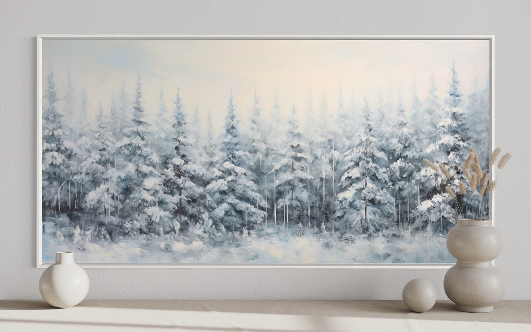 Pine Trees In Winter Snow Covered Forest Framed Canvas Wall Art