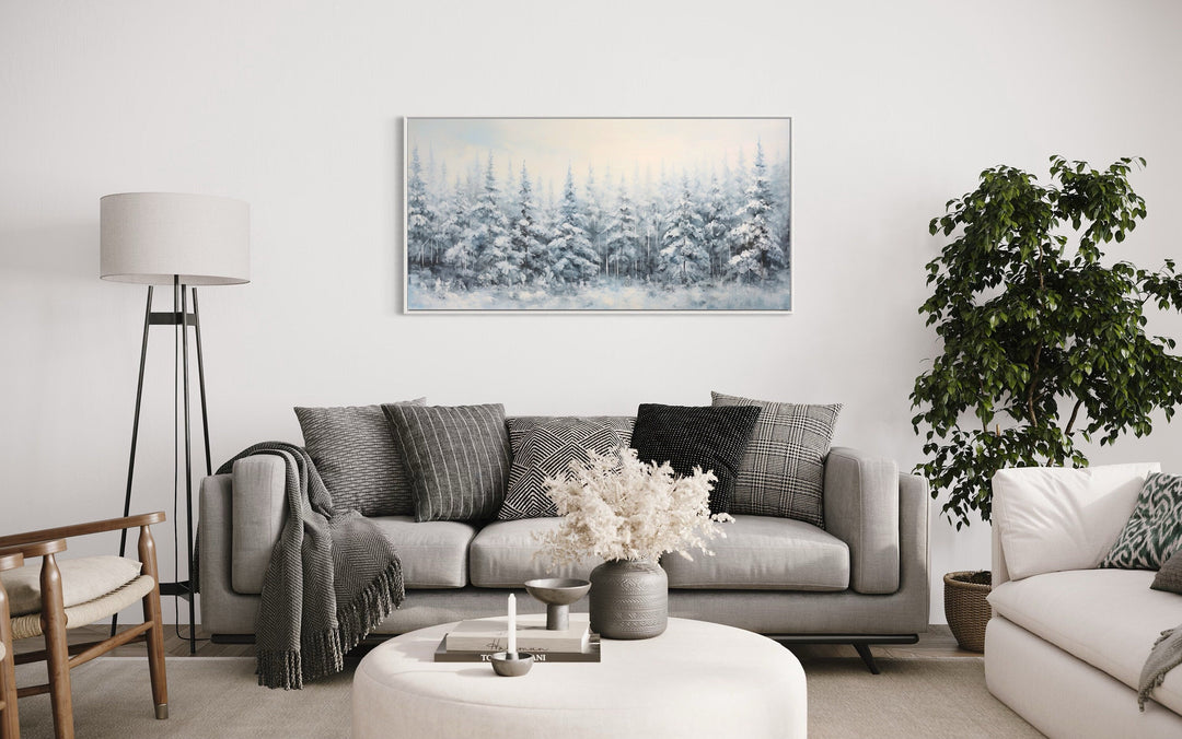 Pine Trees In Winter Snow Covered Forest Framed Canvas Wall Art