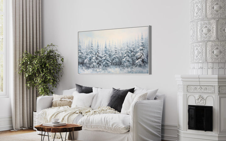 Pine Trees In Winter Snow Covered Forest Framed Canvas Wall Art